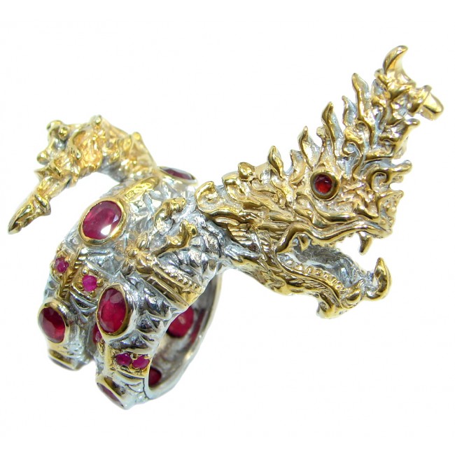Jumbo 35.7 grams Top Blood Red Ruby Two Tones 925 Sterling Silver Thai Dragon Ring s. 8