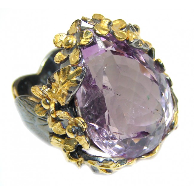 Huge Genuine Pink Amethyst Gold plated over Sterling Silver handmade ring size 7 3/4