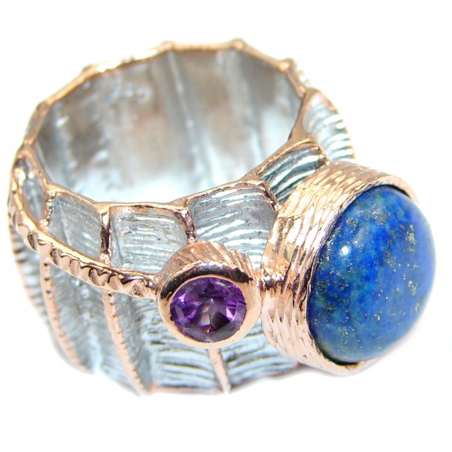 Ultra modern Royal Blue Lapis Lazuli Rose Gold plated over Sterling Silver Ring s. 6 1/2