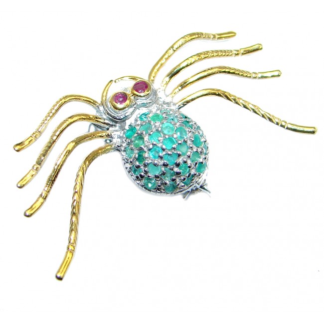 Spider's Web Luxurious Emerald Ruby Sterling Silver handmade Pendant brooch