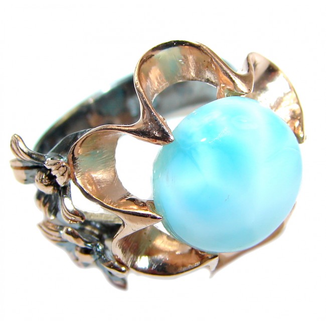 Genuine Larimar Oxidized Two Tones Sterling Silver handmade Ring size adjustable