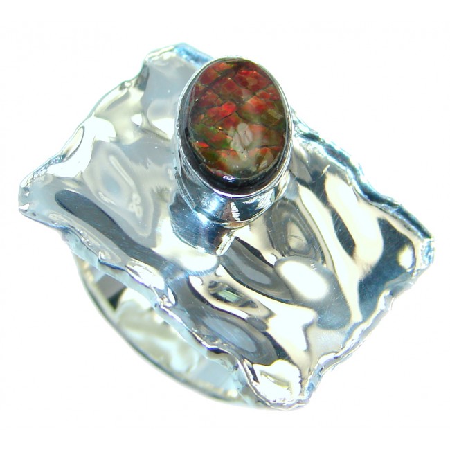 Unisex Rainbow Fire Ammolite Sterling Silver ring s. 6 1/4