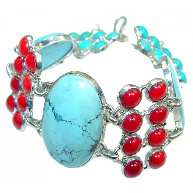 Chunky genuine Turquoise Coral Sterling Silver handmade Bracelet