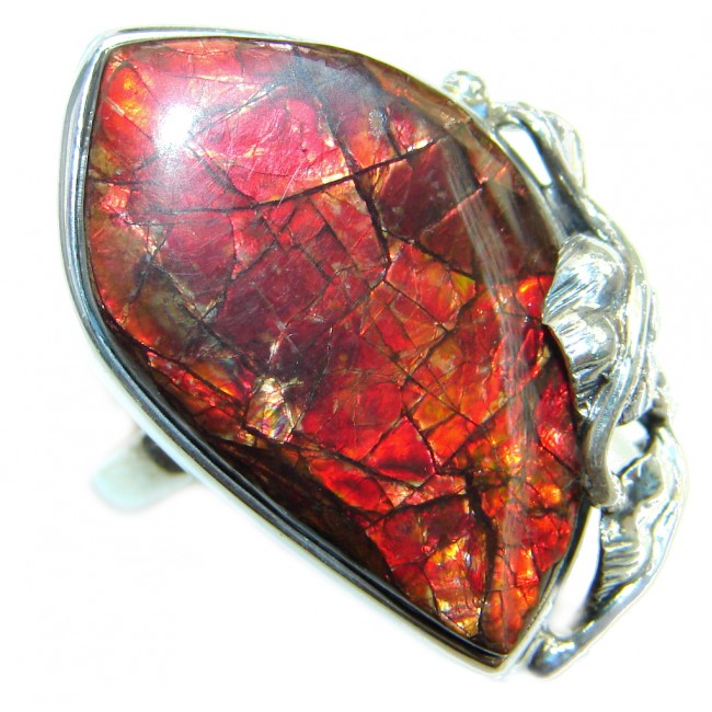 Authentic Canadian Red Fire Ammolite Sterling Silver ring size adjustable