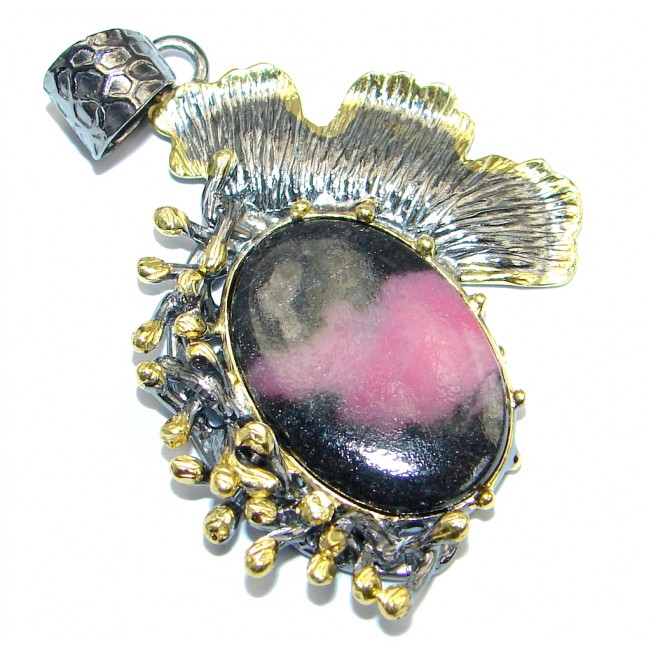 Amazing Pink Rhodonite Gold plated over Sterling Silver handmade Pendant