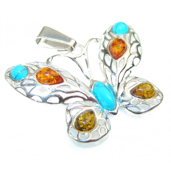 Awesome Butterfly Polish Amber & Turquoise Sterling Silver Pendant