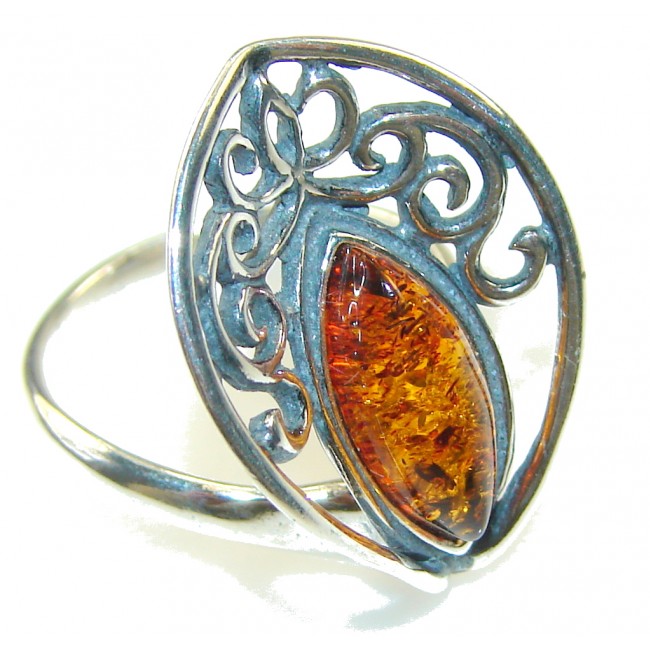 Delicate Brown Polish Amber Sterling Silver Ring s. 6 1/2