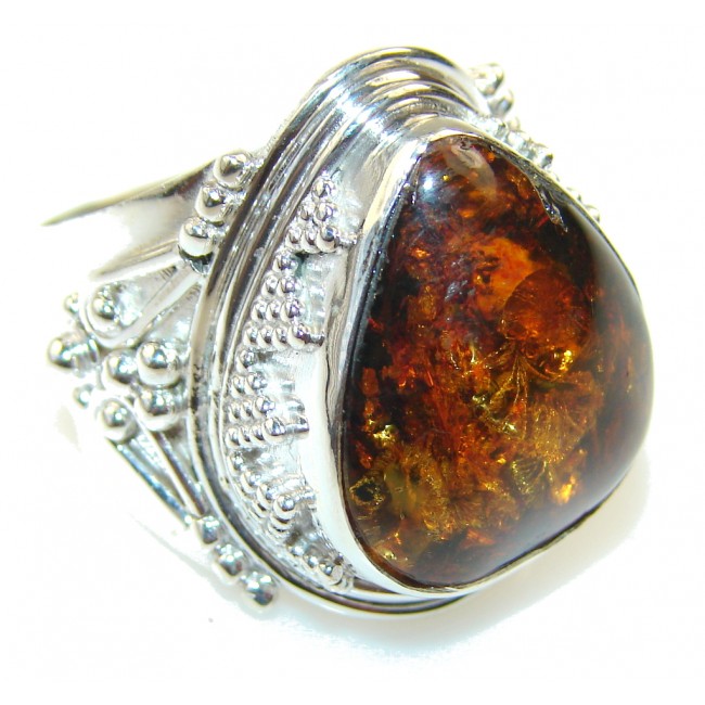 Awesome Brown Polish Amber Sterling Silver Ring s. 8 1/2