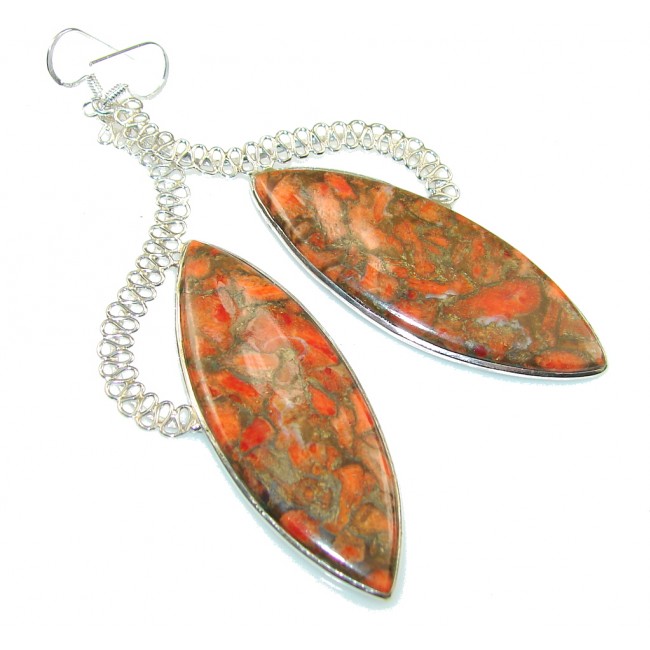 Excellent Orange Copper Turquoise Sterling Silver earrings / Long