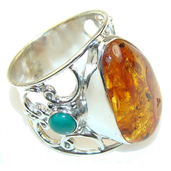 Awesome Polish Amber & Turquoise Sterling Silver Ring s. 9 1/4