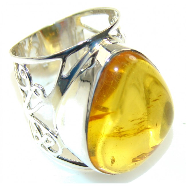 Natural Light Brown Polish Amber Sterling Silver Ring s. 12