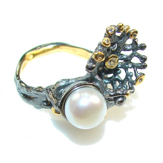 Gorgeous Italy Made, Rhodium Plated, 18ct Gold Plated Fresh Water Pearl Sterling Silver ring; 7 1/2