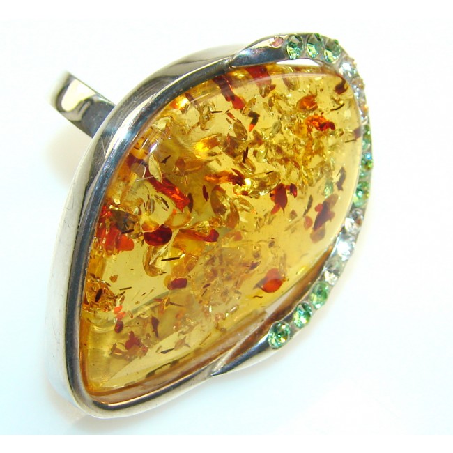 Beautiful Brown Polish Amber Sterling Silver Ring s. 7 - Adjustable