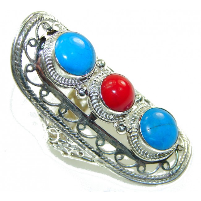 Big! Stylish Turquoise & Coral Sterling Silver Ring s. 10