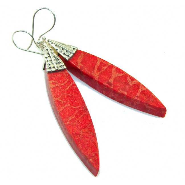 Long! Precious Red Fossilized Coral Sterling Silver earrings