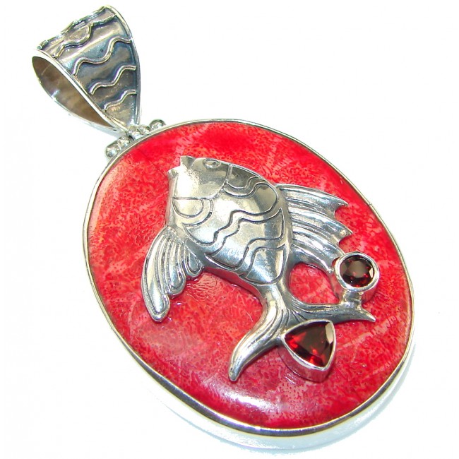 Stylish! Fossilized Coral Fish Sterling Silver pendant