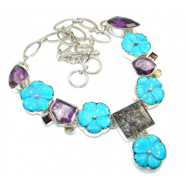 Summer Design Carved Turquoise Sterling Silver Necklace