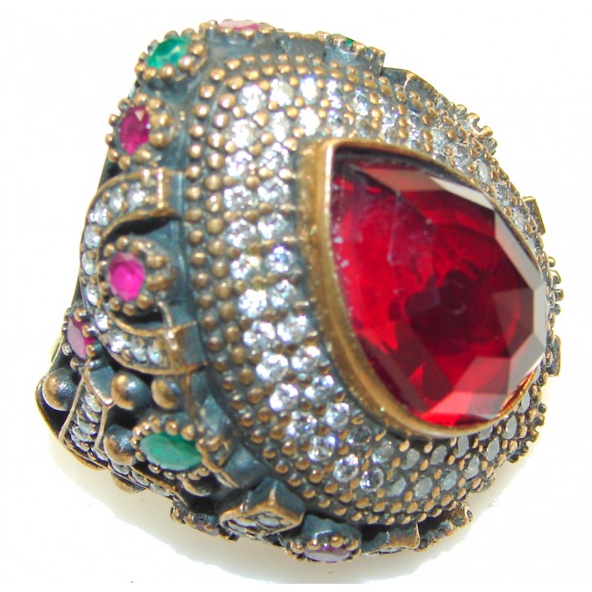 Big!! Vintage Style! Red Garnet Quartz Sterling Silver Ring s. 9 1/4
