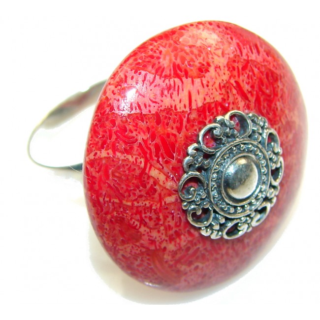 Love Power! Red Fossilized Coral Sterling Silver Ring s. 9 - Adjustable