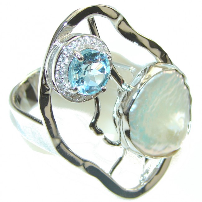 Genuine Blue Topaz, White Topaz Sterling Silver Ring s. 7 - Adjustable
