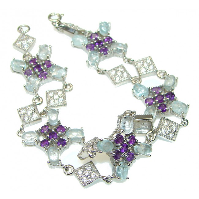 Protection For Them On Water! Natural Blue Aquamarine & Amethyst Sterling Silver Bracelet