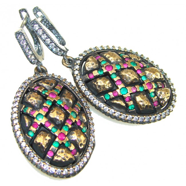 Victorian Style! Pink Ruby, Emerald Sterling Silver earrings