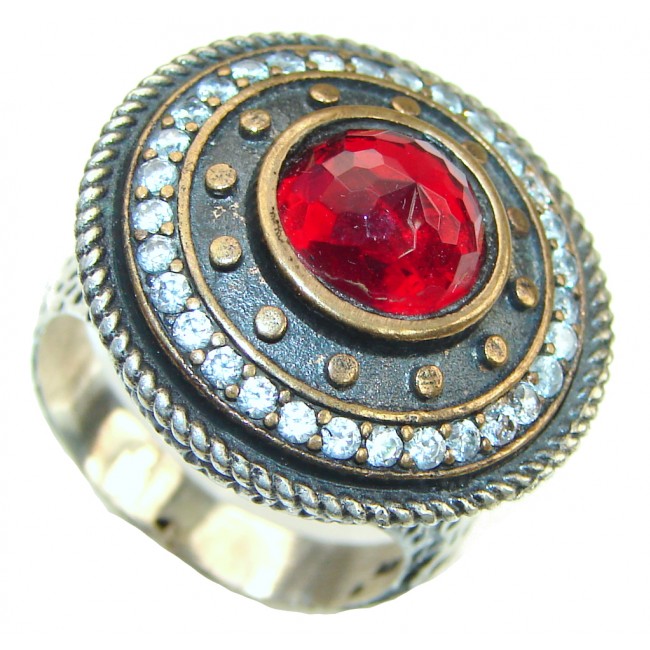 Victorian Style! Red Garnet Quartz , White Topaz Sterling Silver ring s. 9