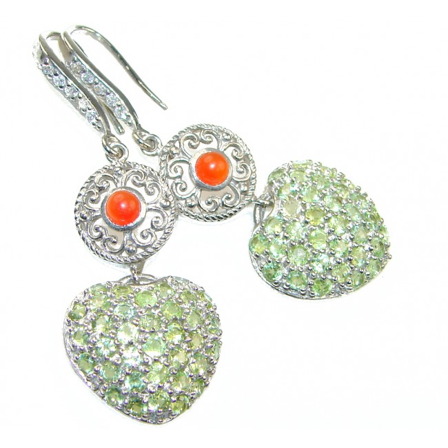 Bali Style! Green Peridot, Orange Carnelian Sterling Silver earrings