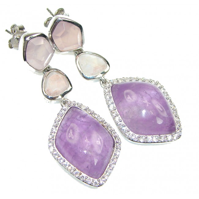 Luxury! Purple Amethyst & White Topaz & Rose Quartz Sterling Silver earrings