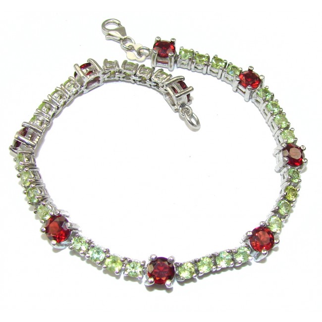 Web Of Love! Natural Red Garnet & Peridot Sterling Silver Bracelet