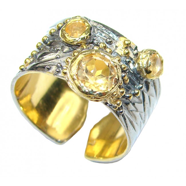 Perfect Design! Citrine, Gold Plated, Rhodium PLated Sterling Silver Ring s. 6 - adjustable