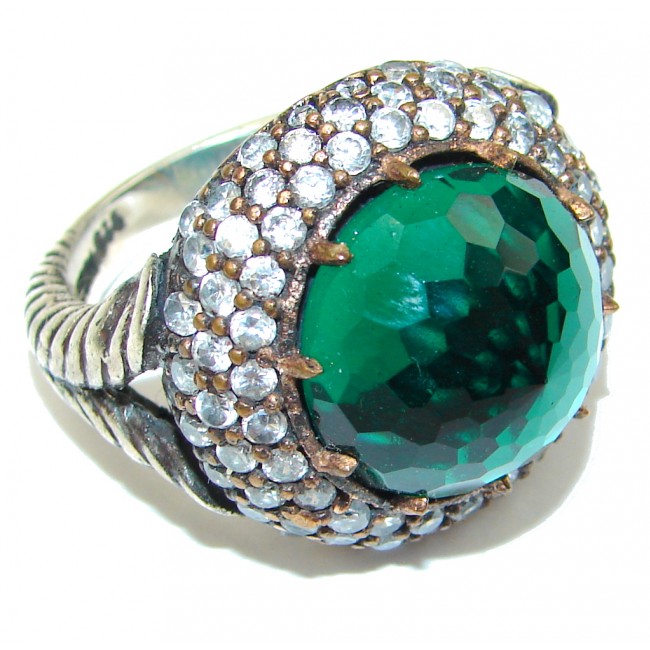 Victorian Style! Green Emerald & Ruby & White Topaz Sterling Silver ring s. 8 3/4