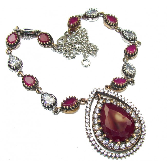 Victorian Style created Ruby & White Topaz Sterling Silver Necklace