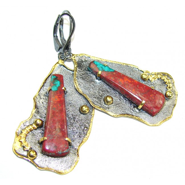 Big! Fancy Quality! Red Sonora Jasper, Gold Plated, Rhodium Plated Sterling Silver Earrings