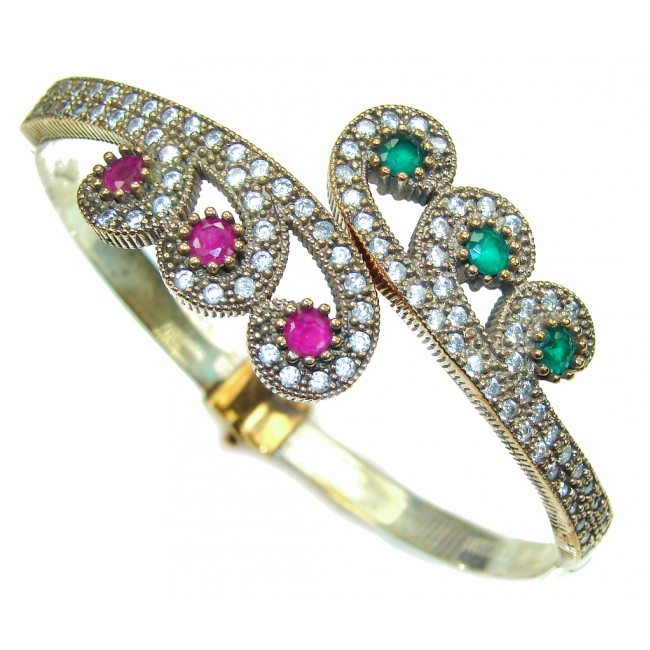 Victorian Style! Pink Ruby & Emerald & White Topaz Sterling Silver Bracelet