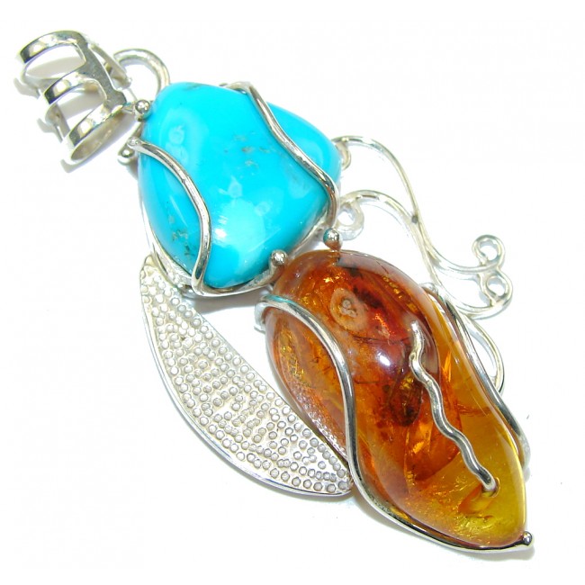Natural Beauty! Blue Turquoise & Amber Sterling Silver Pendant