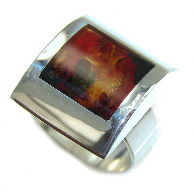 Natural Brown Polish Amber Sterling Silver Ring s. 8 - Adjstable