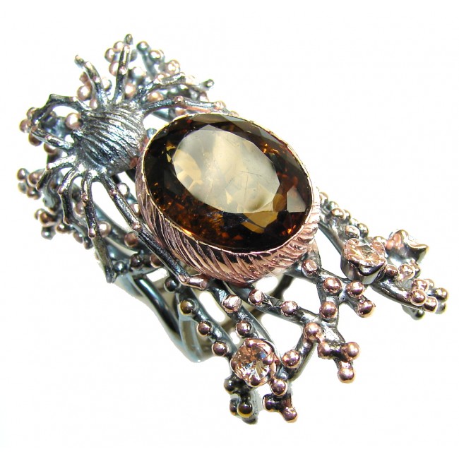 Huge! Black Widow Spider Smoky Topaz, Rose Gold Plated, Rhodium Plated Sterling Silver ring s. 8