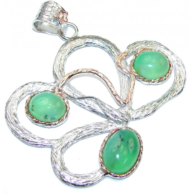 Stunning! Green Moss Prehnite, Two Tones Sterling Silver Pendant