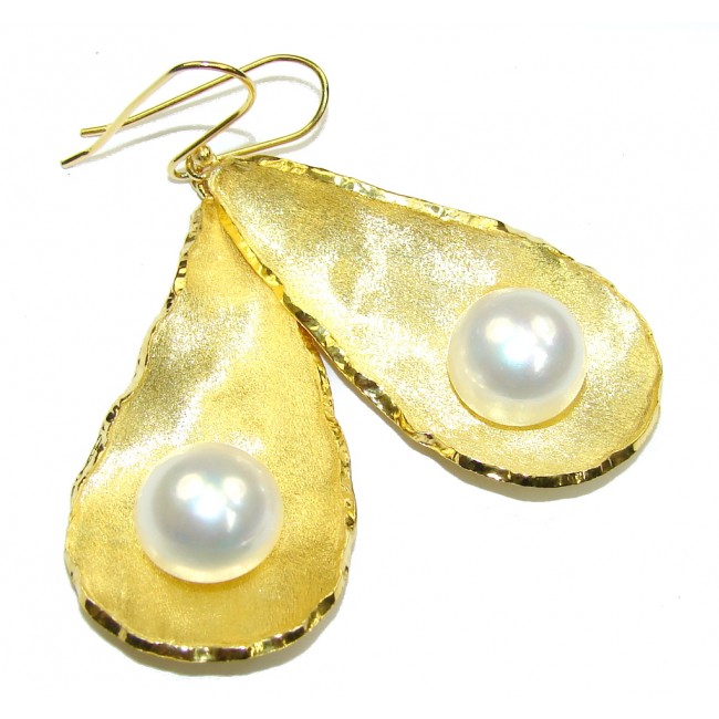 New!! Fabulous Design! White Fresh Water Pearl, Gold Plated Sterling Silver Earrings