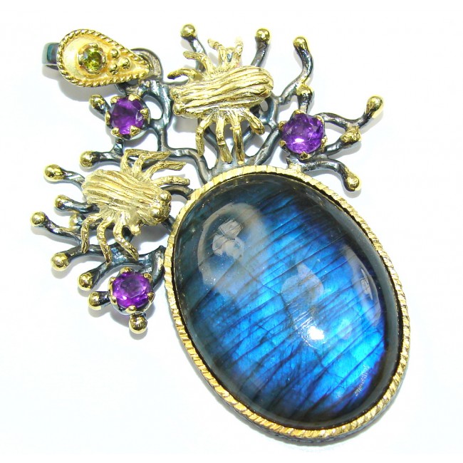 Exclusive AAA Blue Labradorite & Amethyst, Rhodium Plated, Gold Plated Sterling Silver Pendant