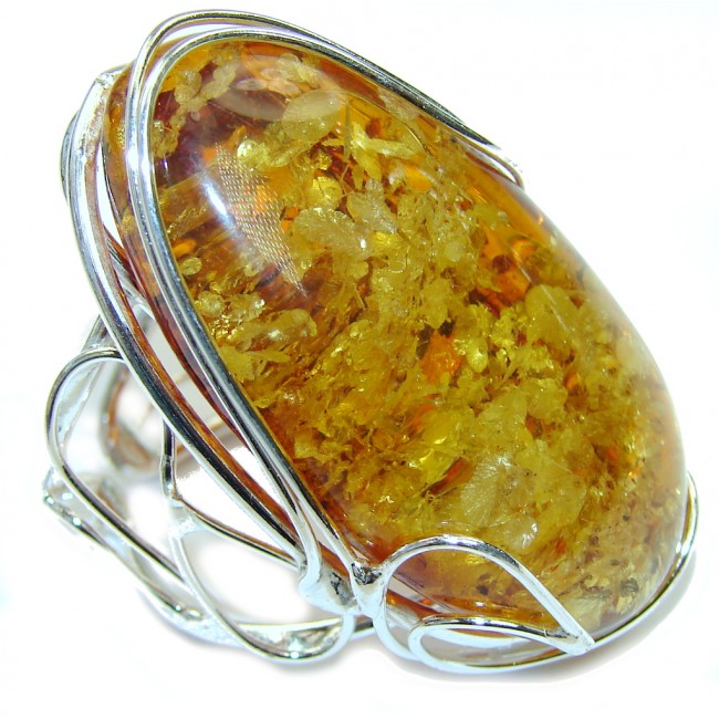 Large!! Natural AAA Polish Amber Sterling Silver Ring s. 9 - adjustable