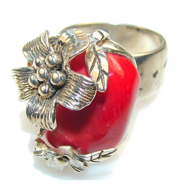 Flower Design!! Fossilized Coral Sterling Silver ring s. 9