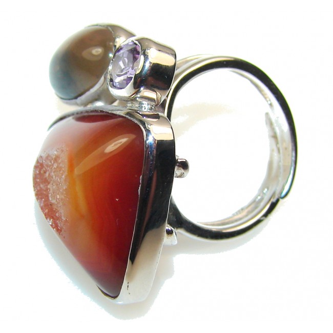 Classy Brown Agate Druzy Sterling Silver Ring s. 8 - Adjustable