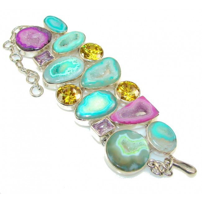 Multicolor Secret!! Agate Druzy Sterling Silver Bracelet