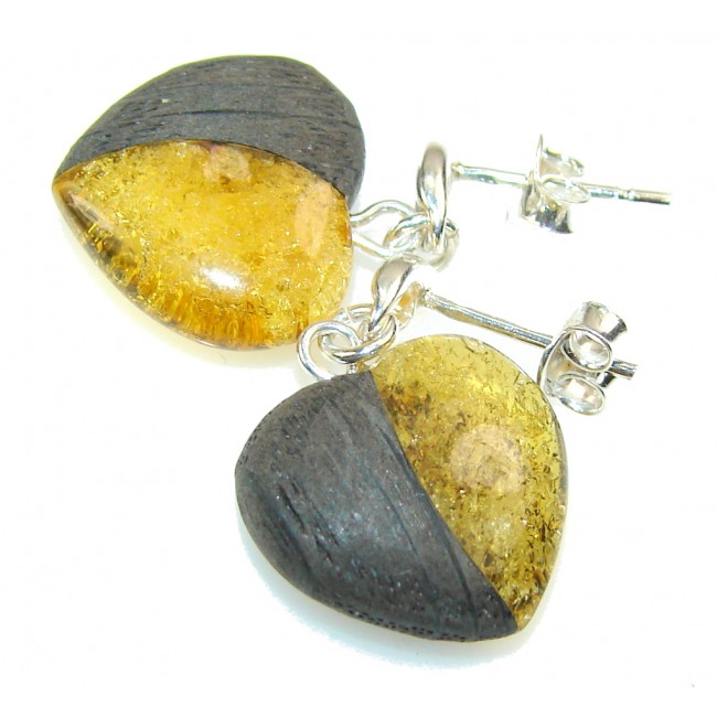 Classic Polish Amber & Oak Wood Sterling Silver earrings