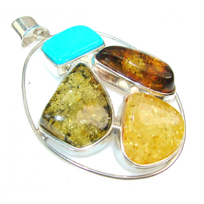 New Design!! Multicolor Polish Amber & Turquoise Sterling Silver Pendant