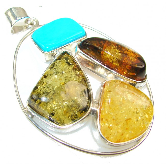 New Design!! Multicolor Polish Amber & Turquoise Sterling Silver Pendant