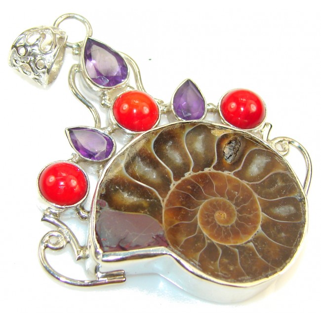 Big! Gorgeous Design!! Ammonite Fossil Sterling Silver Pendant