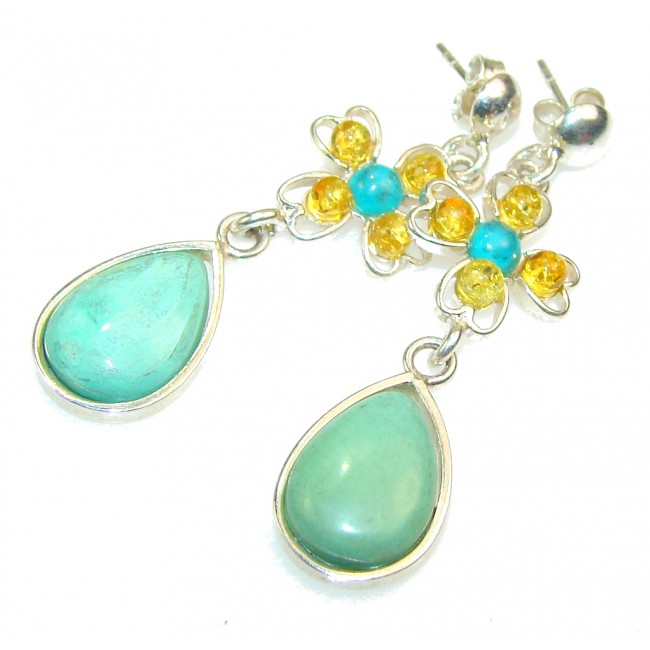 New Amazing Design!! Yellow Polish Amber & Turquoise Sterling Silver earrings